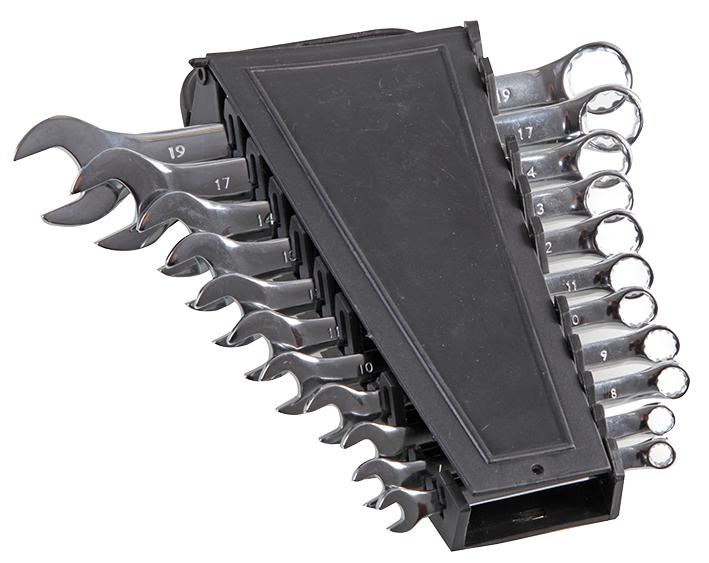 11-piece chrome vanadium steel combination spanner set, 6–19mm, with storage rack
