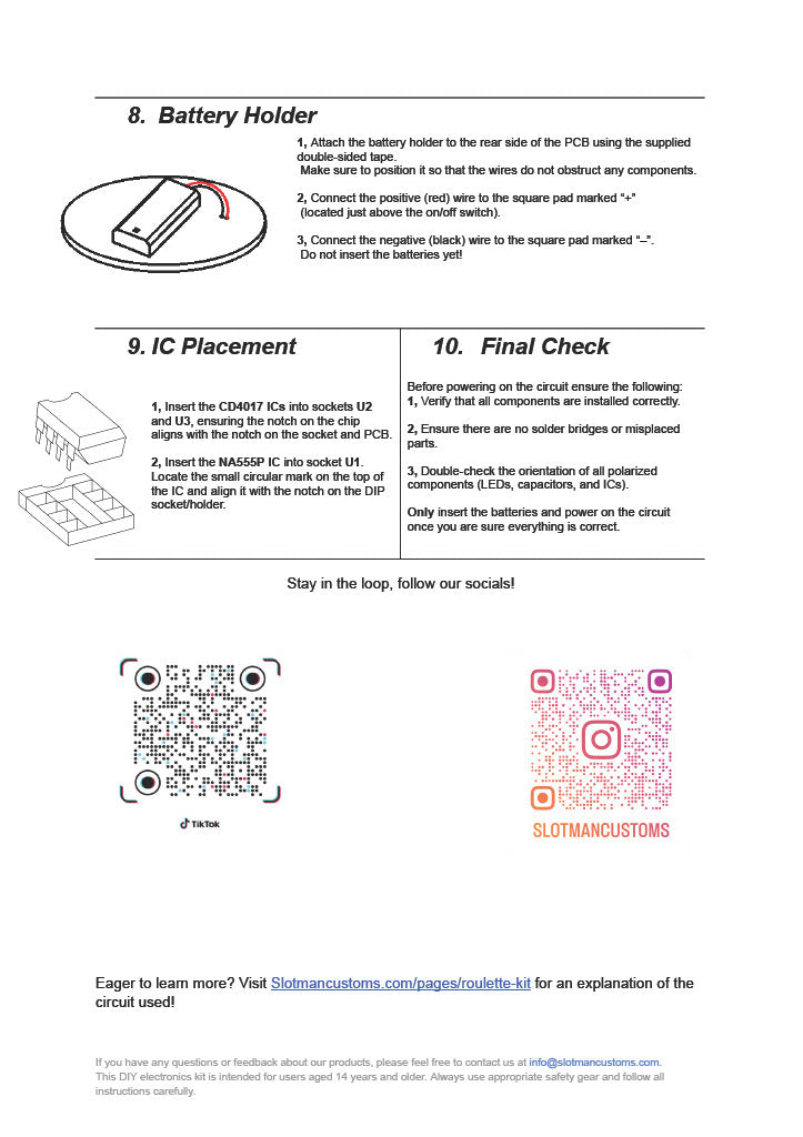 Technical instructions sheet for battery holder and IC placement with QR codes and branding.