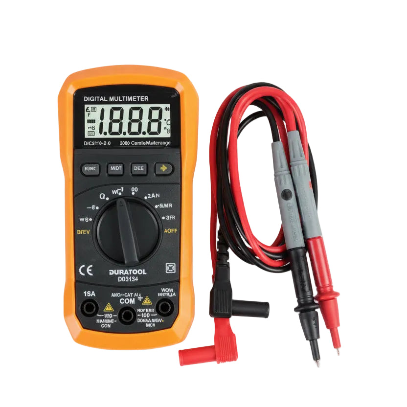 Digital multimeter with probes on a white background