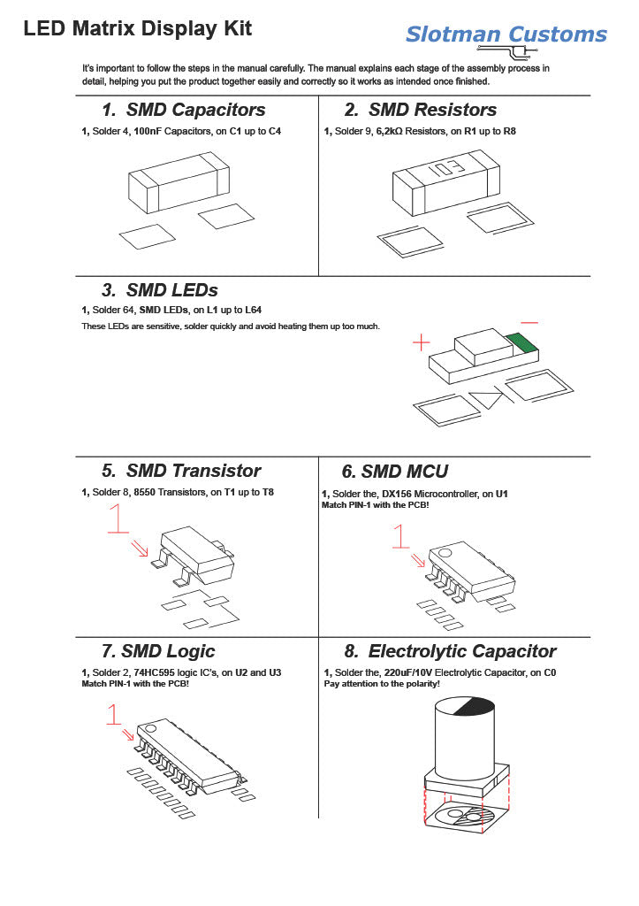 Step-by-step assembly guide for LED Matrix Display Kit with illustrations of components.