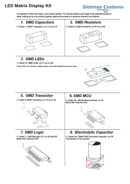 Step-by-step assembly guide for LED Matrix Display Kit with illustrations of components.