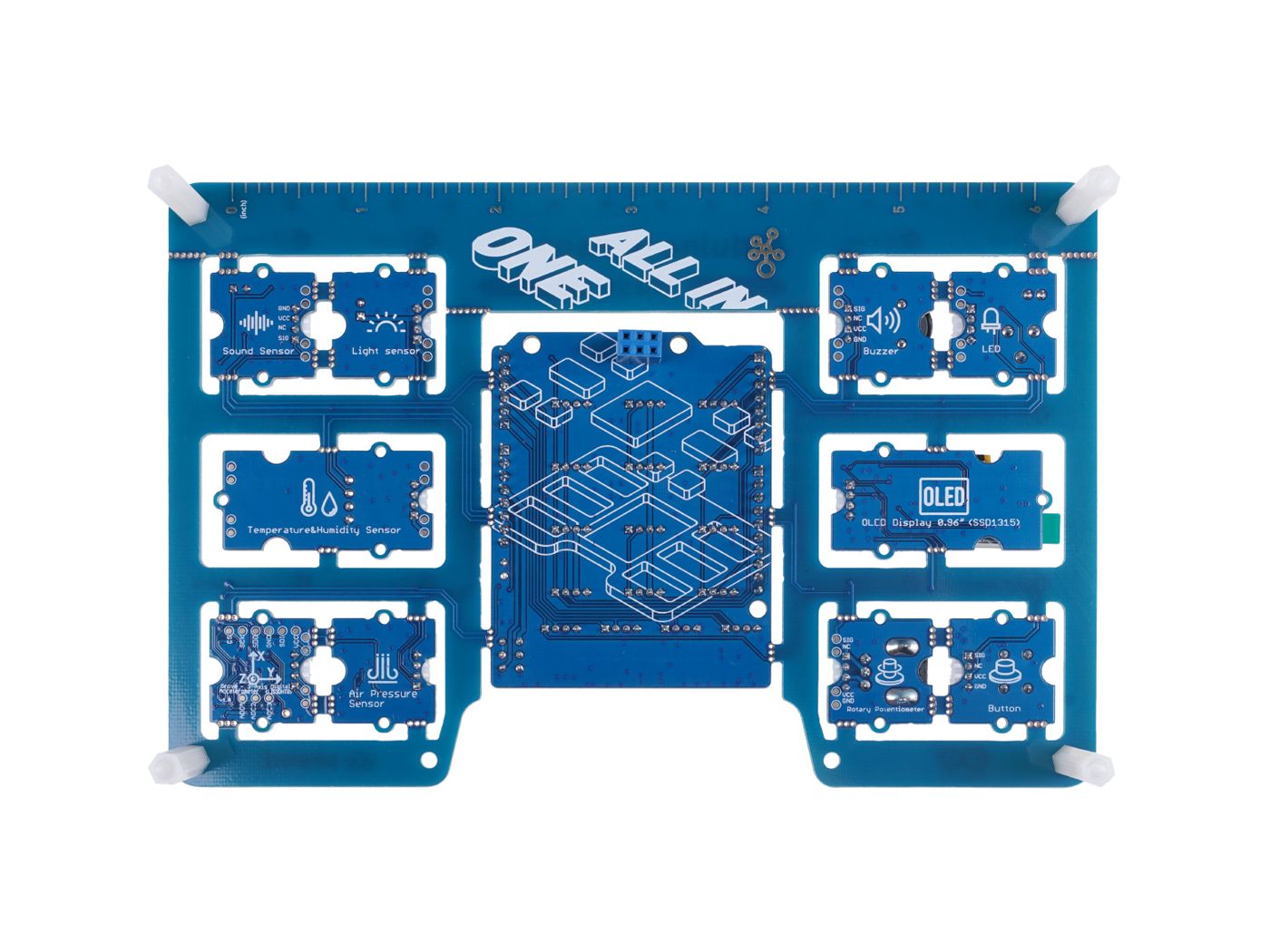 Blue electronic circuit board with various components on a white background