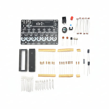 Collection of electronic components including resistors, diodes, and integrated circuits on a white background
