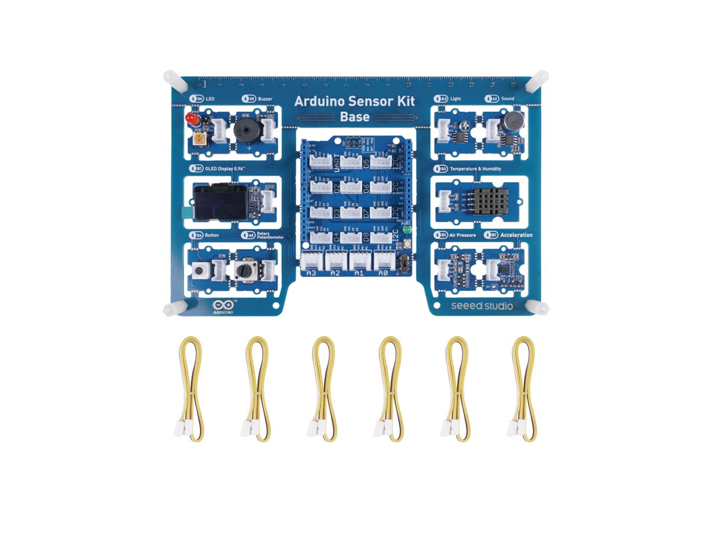 Arduino sensor kit base with various sensors on a white background