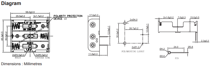 3 x AA Battery Holder, THT