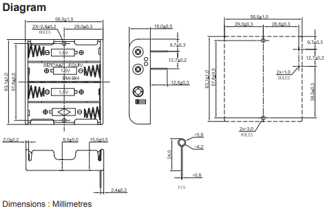 4 x AA Battery Holder, THT