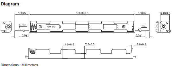 3 x AA Long Battery Holder, Wired