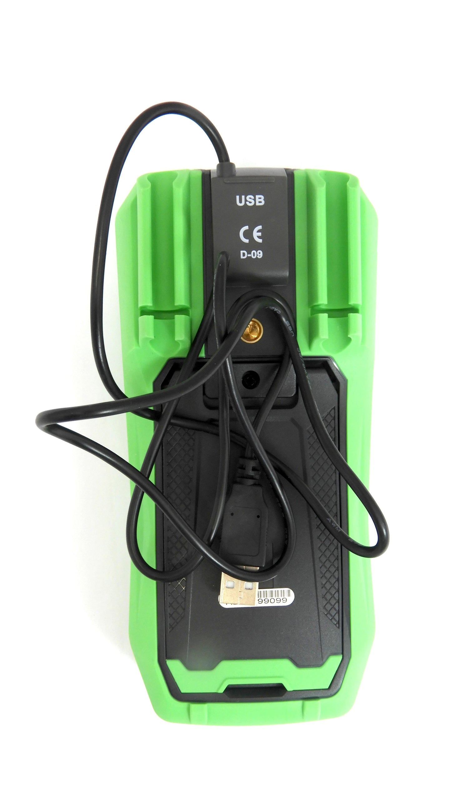 Green electronic device with USB cable on a white background