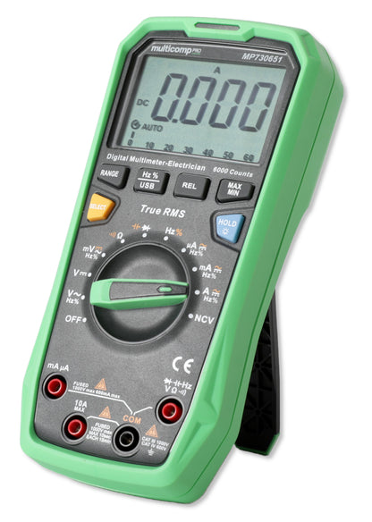 Green digital multimeter on a white background