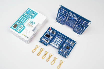 Electronic components and packaging on a white background
