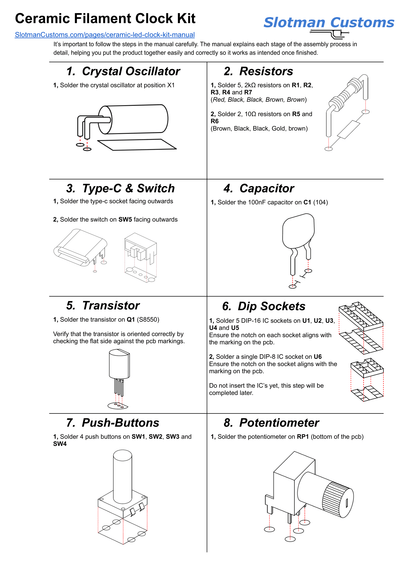 HE056 Ceramic Filament Clock Kit assembly manual with step-by-step illustrations and text.