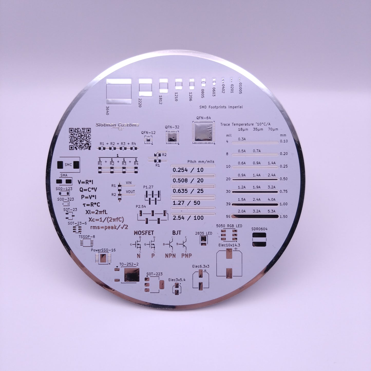 Circular printed circuit coaster board (PCB) with text and symbols on a white background
