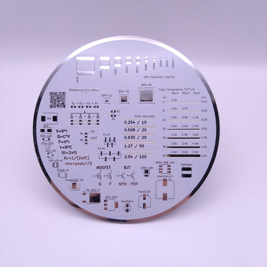 Circular printed circuit coaster board (PCB) with text and symbols on a white background