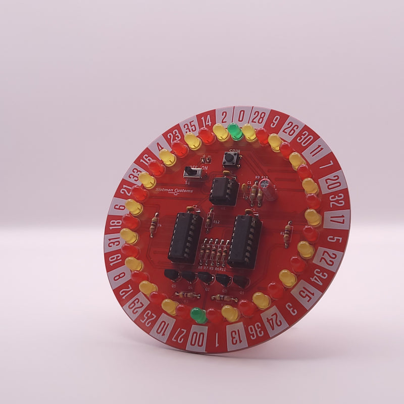 Circular electronic component with red background and labeled numbers on a white background