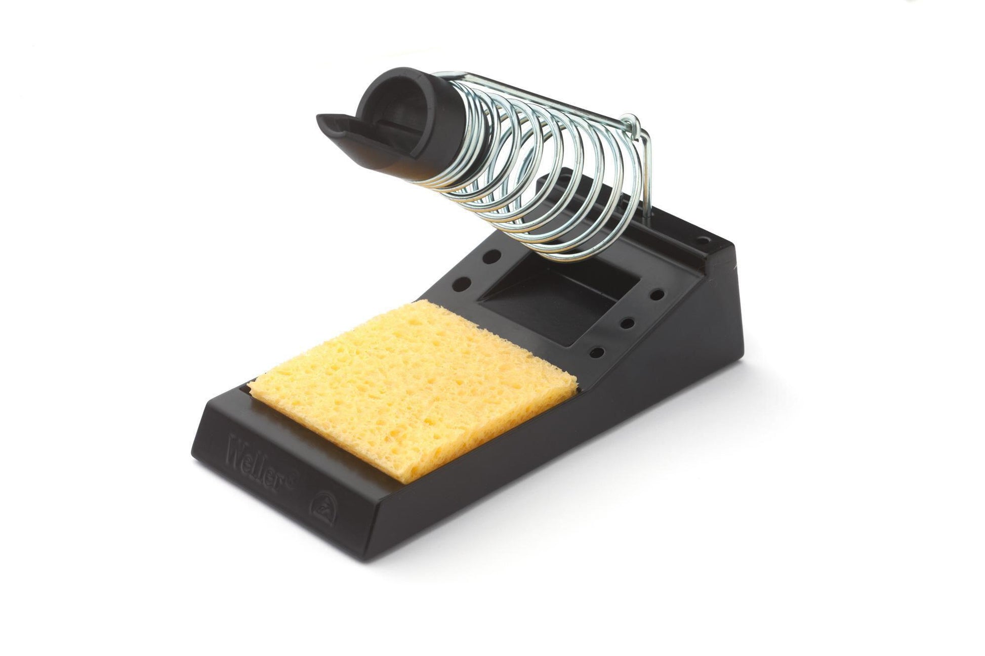 Black device with a yellow sponge and spring on a white background