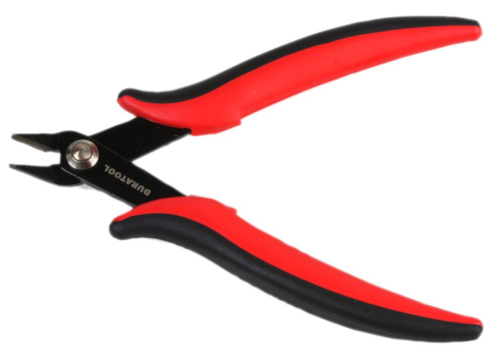 Pair of wire cutters with red and black handles on a white background